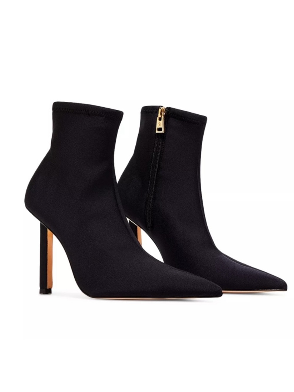 Good American Black Pointed Sock Ankle Boots with Gold Side Zip Pull